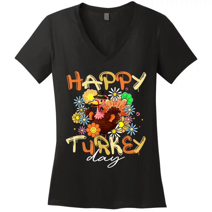 Happy Turkey Day Autumn Fall Retro Groovy Thanksgiving Women's V-Neck T-Shirt