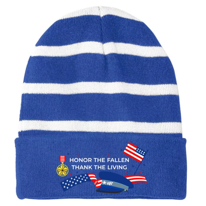 Honor The Fallen Thank The Living Meaningful Gift Striped Beanie with Solid Band