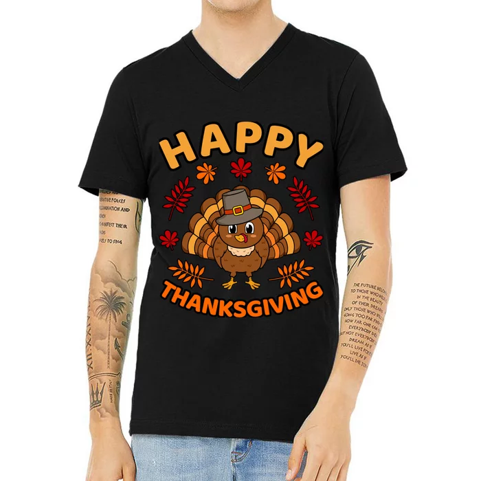 Happy Thanksgiving Funny Turkey Family Graphic V-Neck T-Shirt