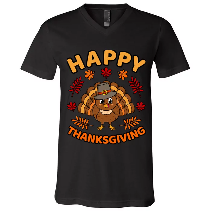 Happy Thanksgiving Funny Turkey Family Graphic V-Neck T-Shirt