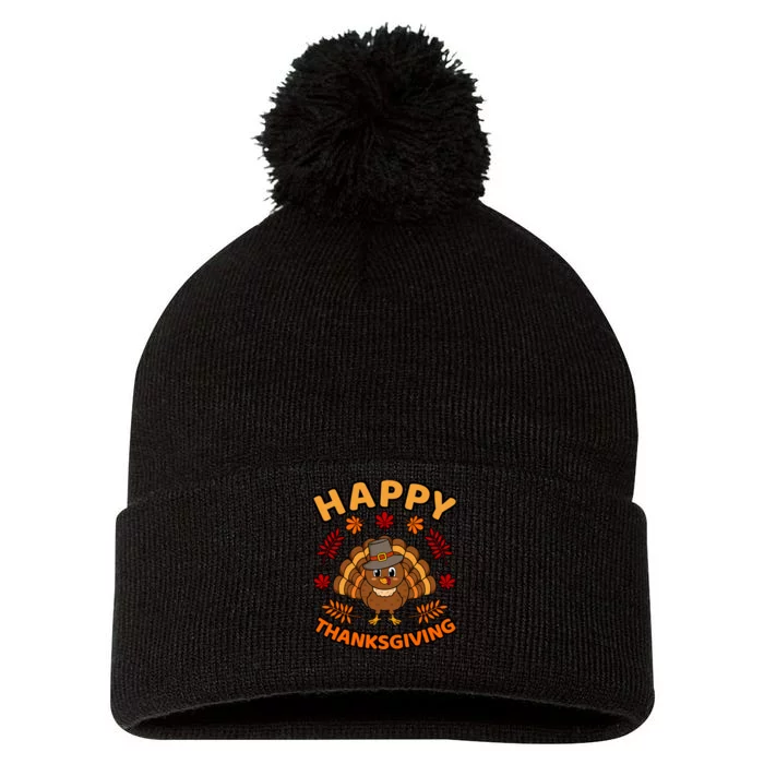 Happy Thanksgiving Funny Turkey Family Graphic Pom Pom 12in Knit Beanie