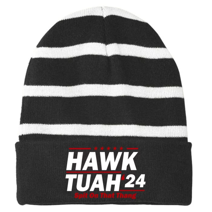 Hawk Tuah Funny Saying Striped Beanie with Solid Band