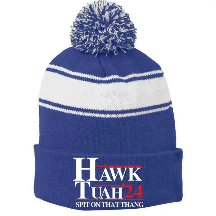 Hawk Tuah Funny Saying Stripe Pom Pom Beanie