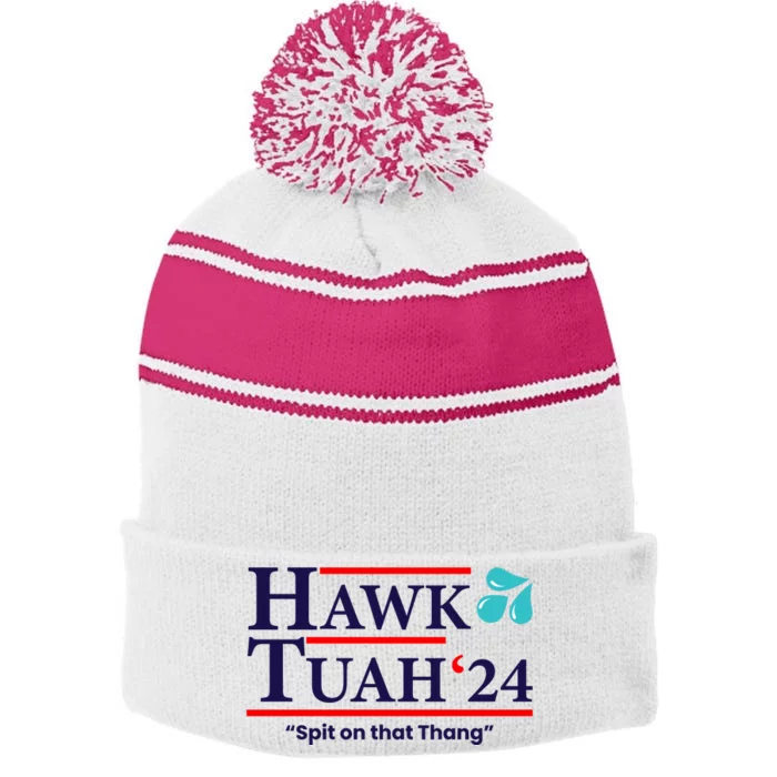 Hawk Tuah Funny Saying Stripe Pom Pom Beanie