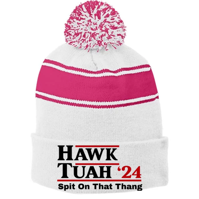 Hawk Tuah Funny Saying Stripe Pom Pom Beanie