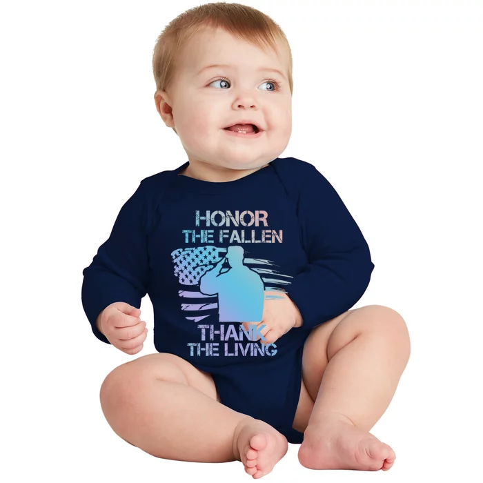 Honor The Fallen Thank The Living Saluting Soldier American Funny Gift Baby Long Sleeve Bodysuit