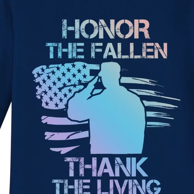 Honor The Fallen Thank The Living Saluting Soldier American Funny Gift Baby Long Sleeve Bodysuit