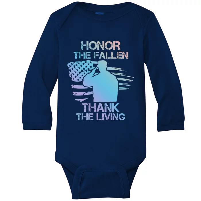 Honor The Fallen Thank The Living Saluting Soldier American Funny Gift Baby Long Sleeve Bodysuit