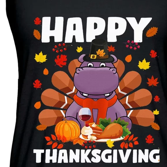 Happy Thanksgiving Funny Hippo Turkey Autumn Hippo Lover Ladies Essential Flowy Tank