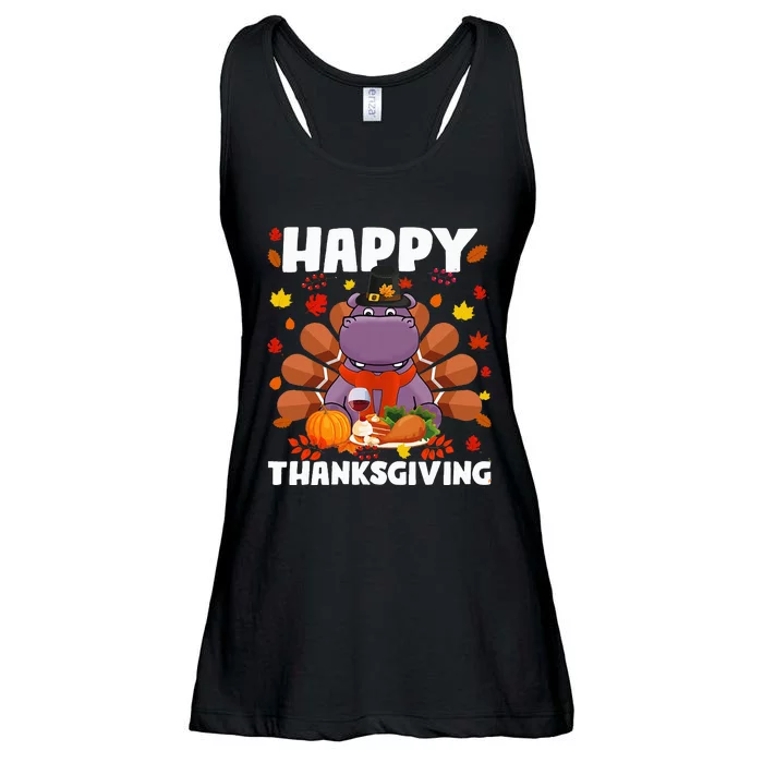 Happy Thanksgiving Funny Hippo Turkey Autumn Hippo Lover Ladies Essential Flowy Tank