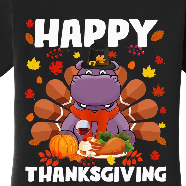 Happy Thanksgiving Funny Hippo Turkey Autumn Hippo Lover Women's T-Shirt