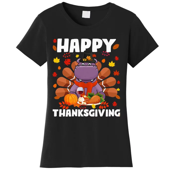 Happy Thanksgiving Funny Hippo Turkey Autumn Hippo Lover Women's T-Shirt