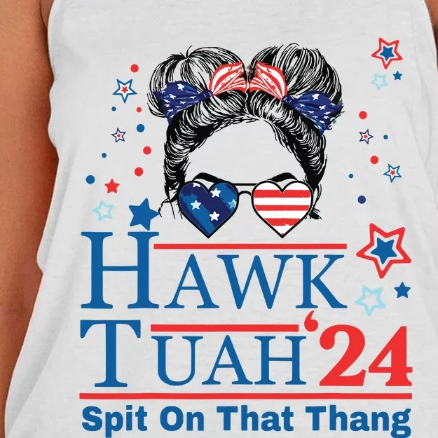 Hawk Tush Funny Messy Bun Hawk Tuah 24 Spit On That Thing Women's Knotted Racerback Tank