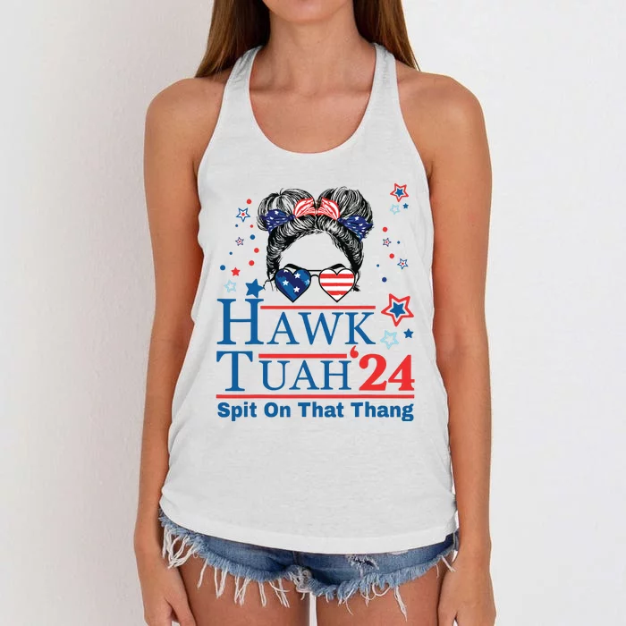 Hawk Tush Funny Messy Bun Hawk Tuah 24 Spit On That Thing Women's Knotted Racerback Tank