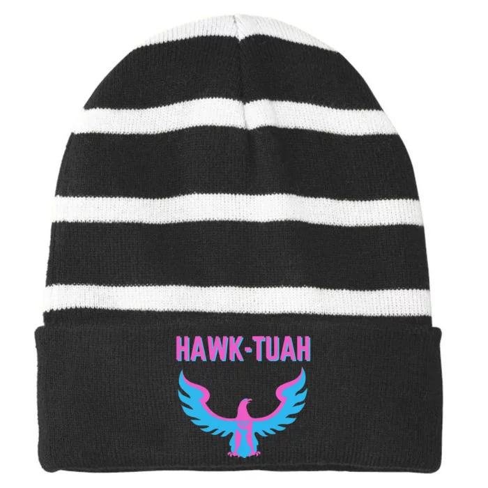 Hawk Tuah Funny Viral Meme Design Striped Beanie with Solid Band