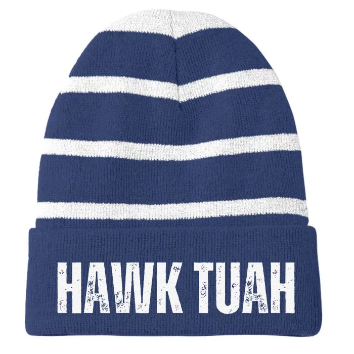 Hawk Thua Funny Internet Meme Hawk Tuah Striped Beanie with Solid Band