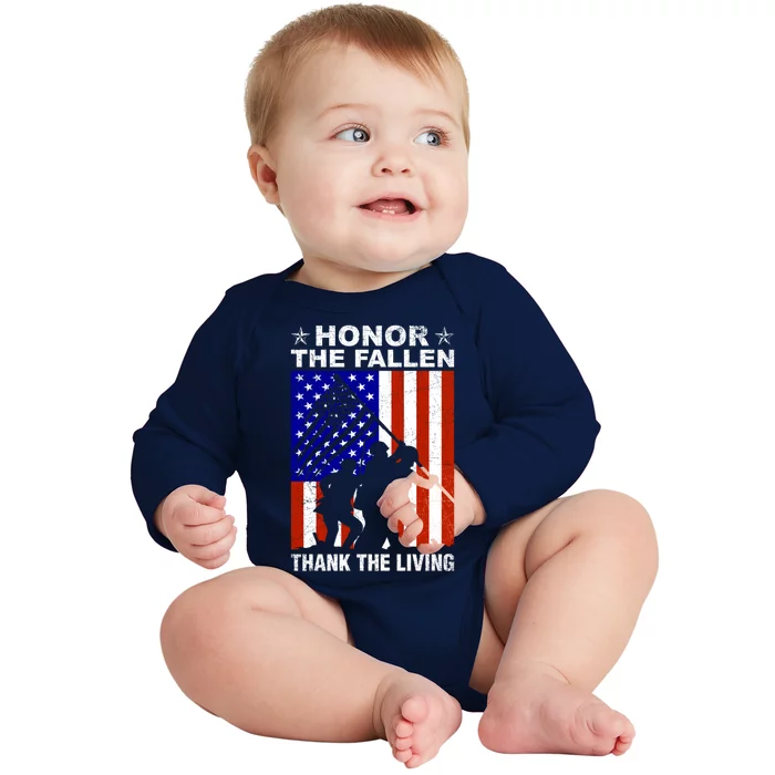 Honor The Fallen Thank The Living Memorial Day Veteran Funny Gift Baby Long Sleeve Bodysuit