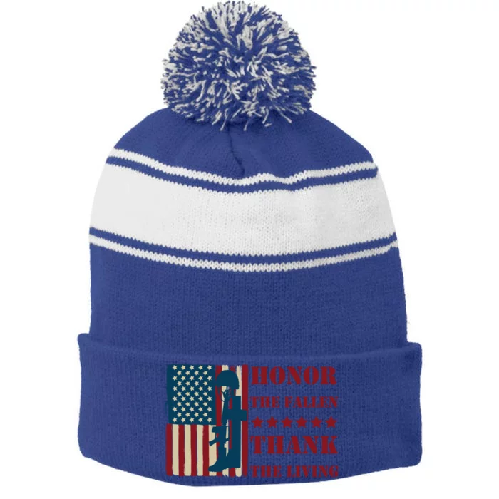 Honor The Fallen Thank The Living Patriotic Memorial Day Meaningful Gift Stripe Pom Pom Beanie