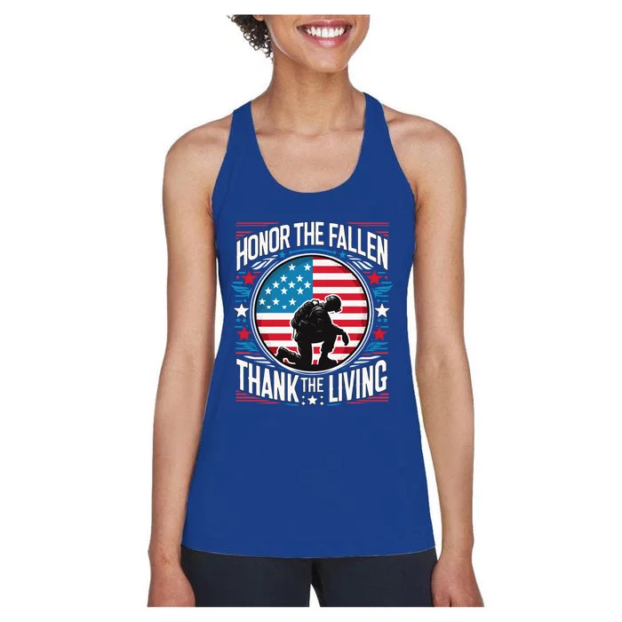 Honor The Fallen Thank The Living Memorial Day Veteran Flag Gift Women's Racerback Tank