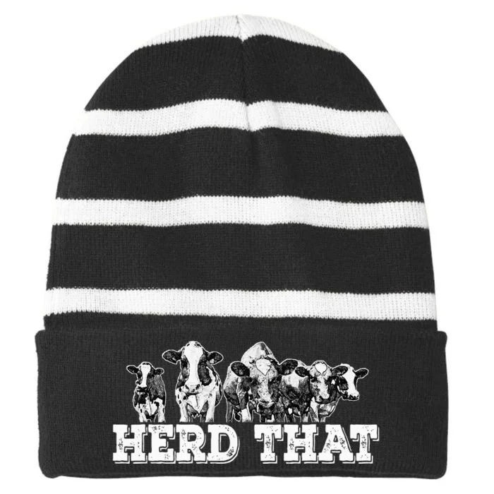 Herd That Funny Cow Lover Farmer Striped Beanie with Solid Band