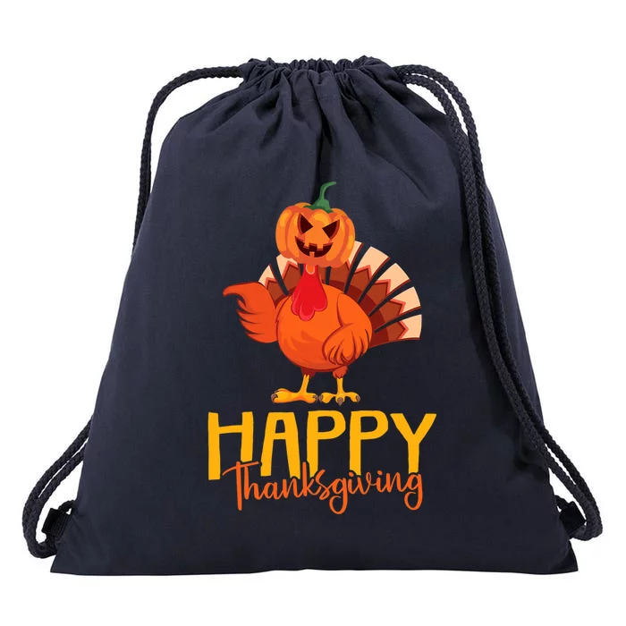 Happy Thanksgiving Funny Turkey Pumpkin Head Fall Autumn Drawstring Bag