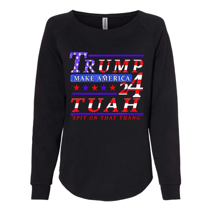 Hawk Tuah Funny Viral Humor Meme Video Tee24 Trump Tuah Womens California Wash Sweatshirt