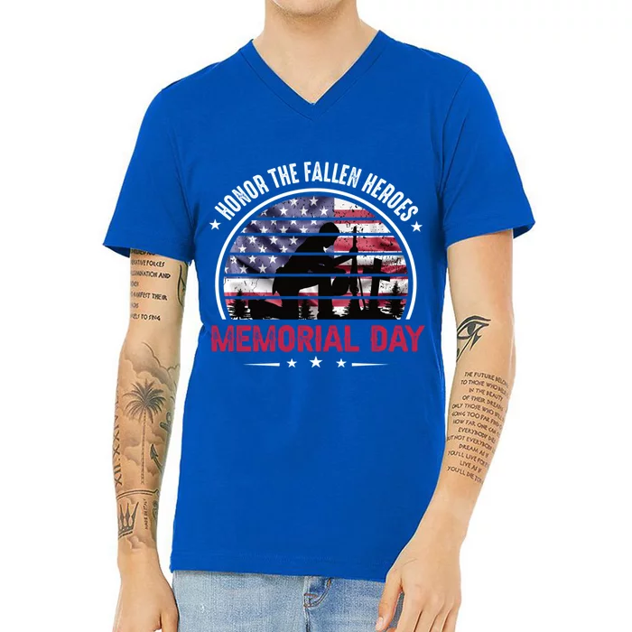 Honor The Fallen Heroes Memorial Day With American Flag Funny Gift V-Neck T-Shirt