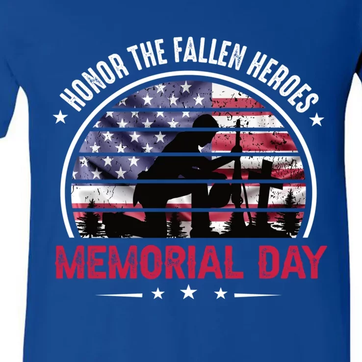 Honor The Fallen Heroes Memorial Day With American Flag Funny Gift V-Neck T-Shirt