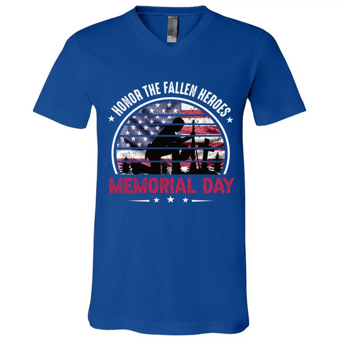 Honor The Fallen Heroes Memorial Day With American Flag Funny Gift V-Neck T-Shirt