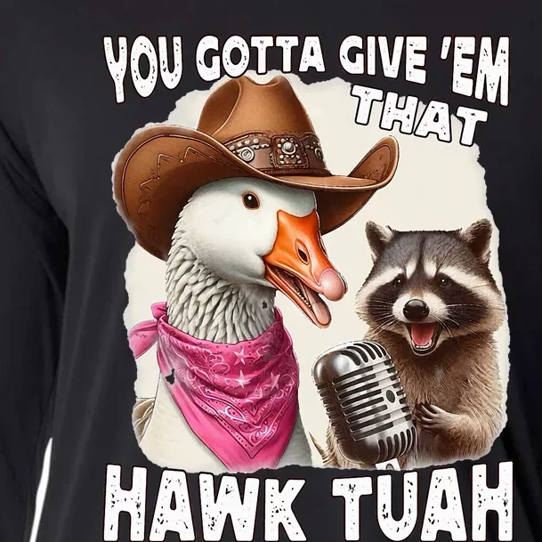 Hawk Tuah Funny Viral Humor Meme Video Girl 24 Goose Tua Cooling Performance Long Sleeve Crew