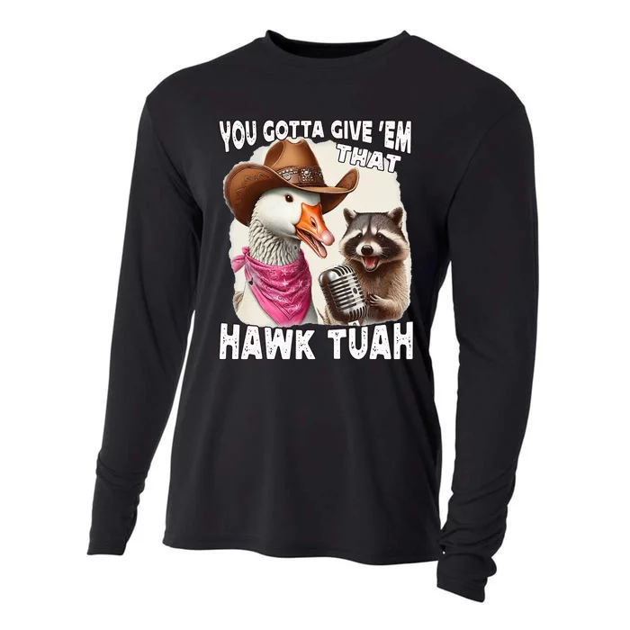 Hawk Tuah Funny Viral Humor Meme Video Girl 24 Goose Tua Cooling Performance Long Sleeve Crew