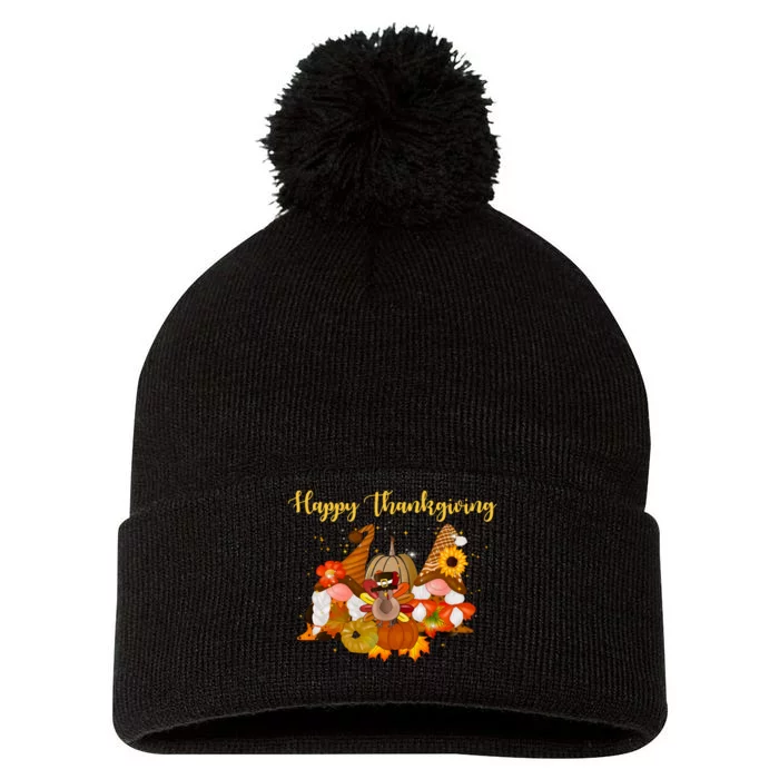 Happy Thanksgiving Fall Gnomes Pom Pom 12in Knit Beanie