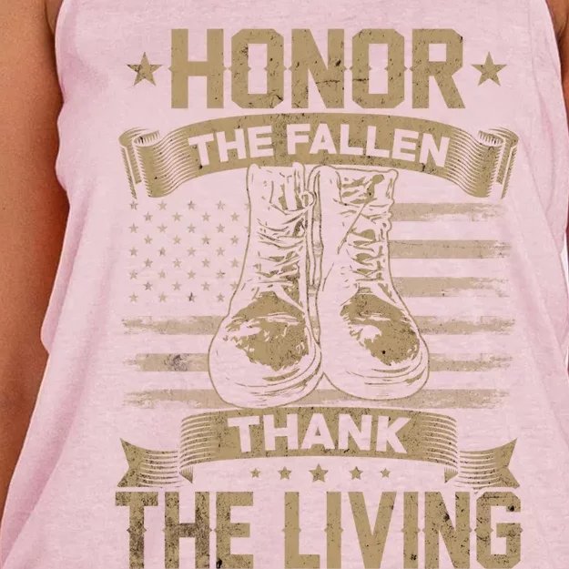 Honor The Fallen Thank The Living Memorial Day Veterans Day Funny Gift Women's Knotted Racerback Tank