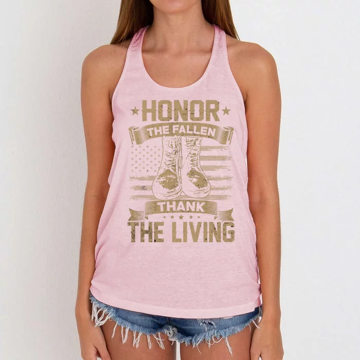 Honor The Fallen Thank The Living Memorial Day Veterans Day Funny Gift Women's Knotted Racerback Tank