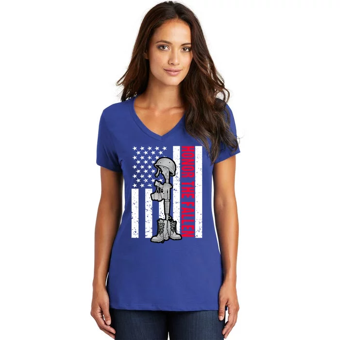 Honor The Fallen Memorial Day American Flag Gift Women's V-Neck T-Shirt