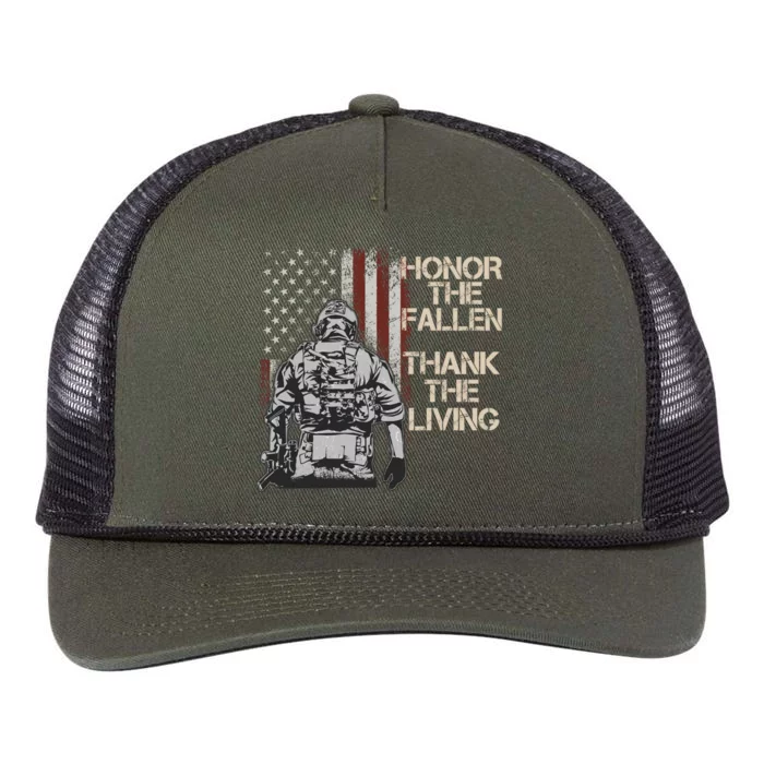 Honor The Fallen Thank The Living American Flag Vintage Funny Gift Retro Rope Trucker Hat Cap