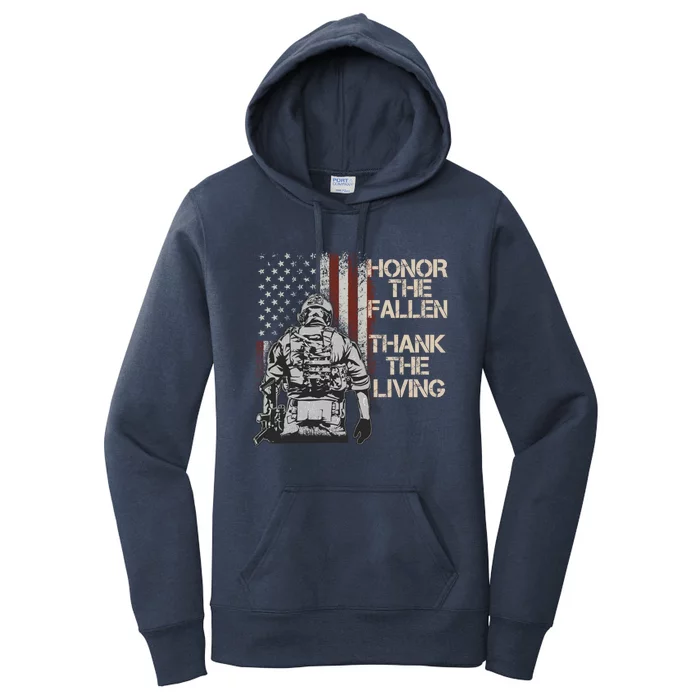 Honor The Fallen Thank The Living American Flag Vintage Funny Gift Women's Pullover Hoodie