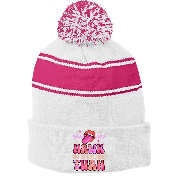 Hawk Tuah Funny Viral Humor Meme Video Stripe Pom Pom Beanie