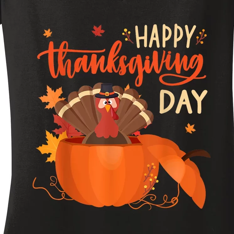 Happy Thanksgiving Funny Turkey Pumpkin Autumn Fall Season Women's V-Neck T-Shirt