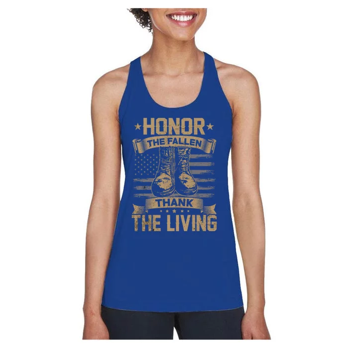 Honor The Fallen Thank The Living Memorial Day Veterans Day Gift Women's Racerback Tank