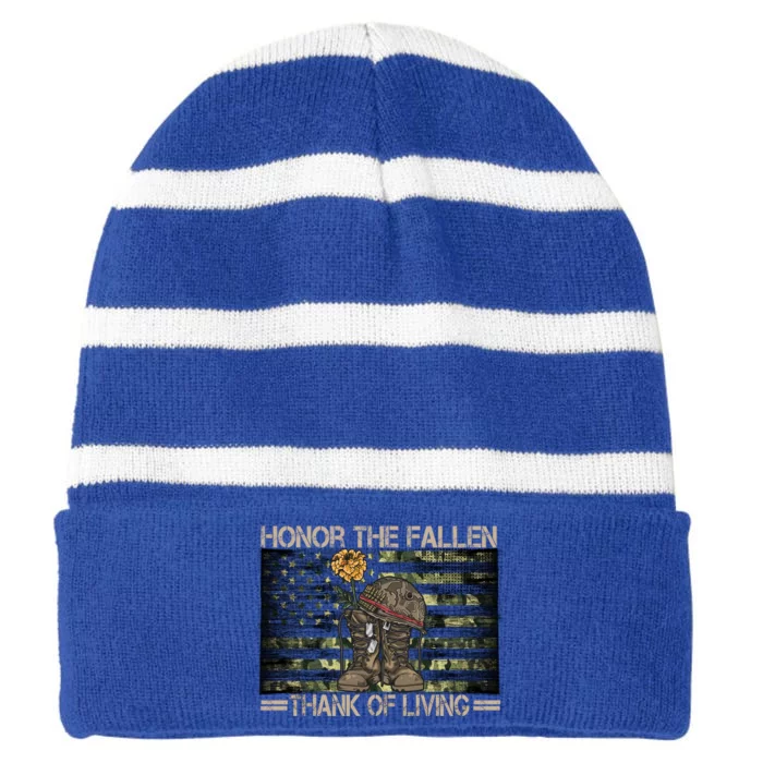 Honor The Fallen Thank The Living American Flag Gift Striped Beanie with Solid Band