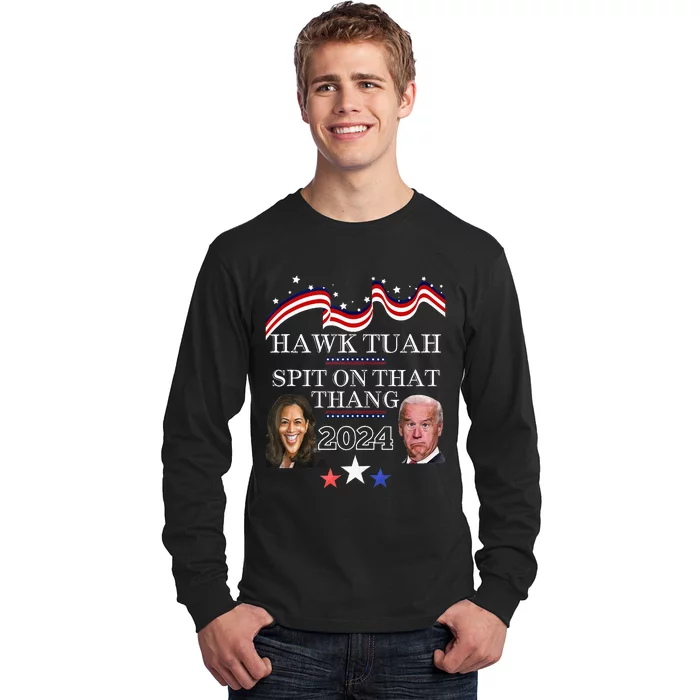 Hawk Tauh Funny Election 2024 Spit On That Thang Biden Long Sleeve Shirt