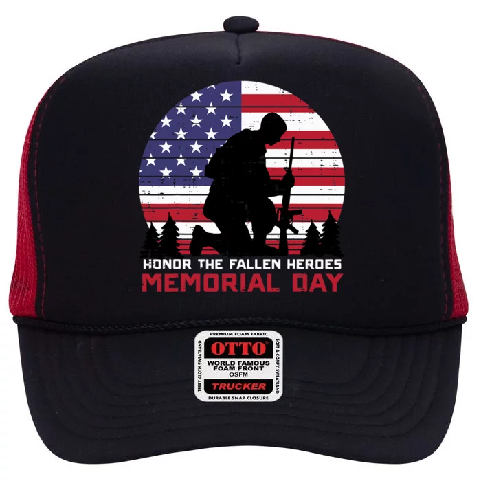 Honor The Fallen Heroes Memorial Day US Flag High Crown Mesh Trucker Hat