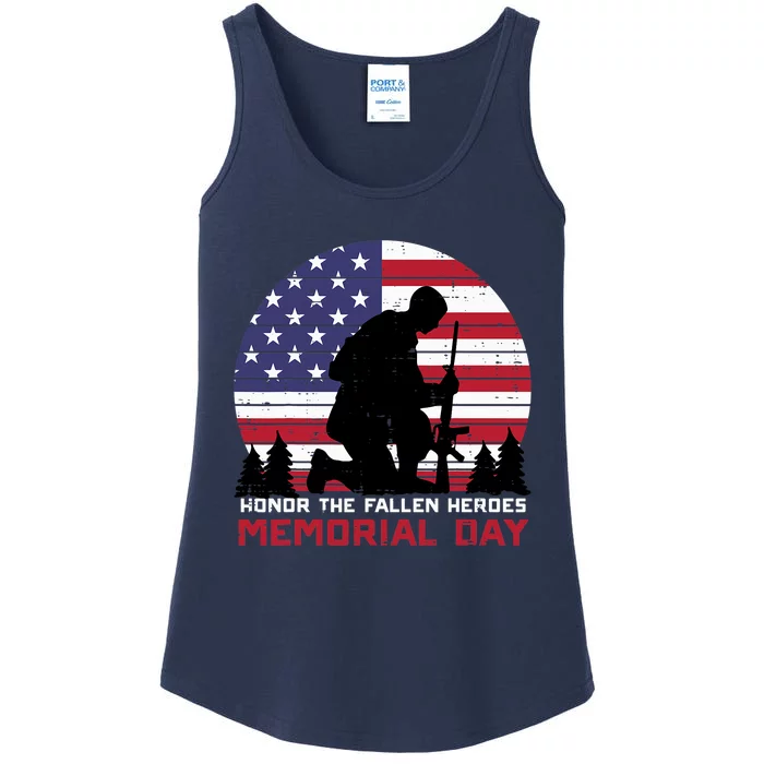 Honor The Fallen Heroes Memorial Day US Flag Ladies Essential Tank