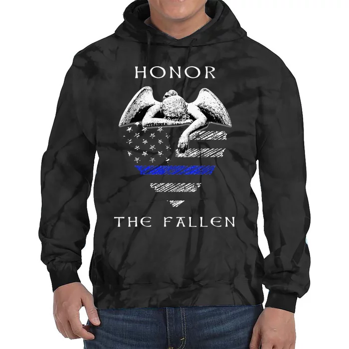 Honor The Fallen Police Thin Blue Line Heart Flag Tie Dye Hoodie