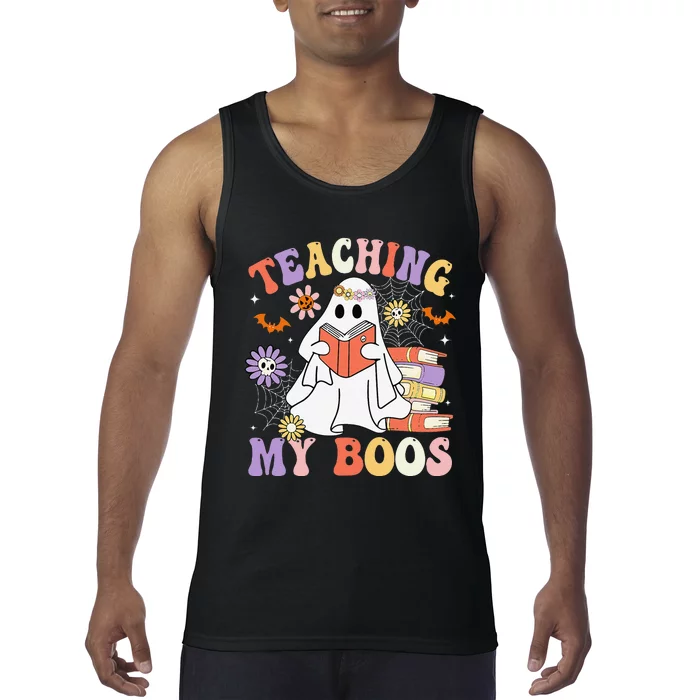 Halloween Teacher Ghost Books Reading Book Teaching My Boos Tank Top