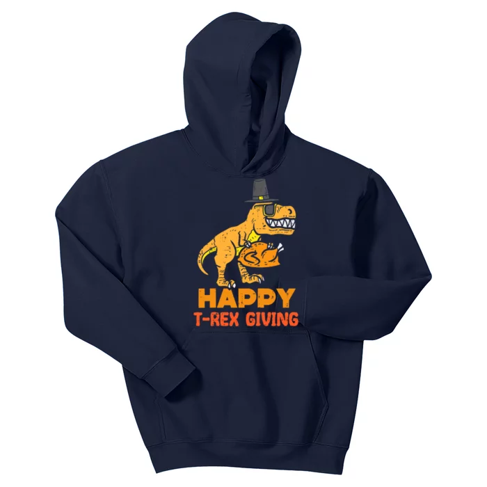 Happy Trex Giving Thanksgiving Dinosaur Fall Vibes Autumn Season Thanksgiving Pu Kids Hoodie