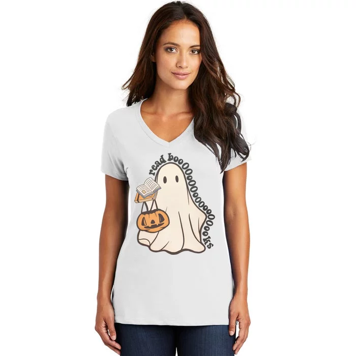 Halloween Teacher Ghost Reading Spooky Season Women's V-Neck T-Shirt