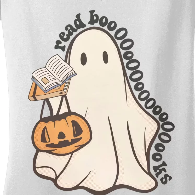 Halloween Teacher Ghost Reading Spooky Season Women's V-Neck T-Shirt