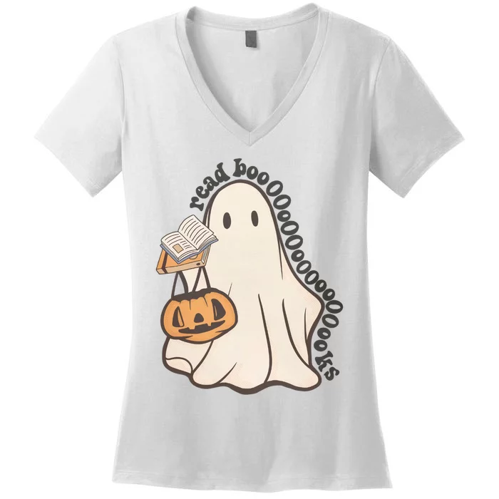 Halloween Teacher Ghost Reading Spooky Season Women's V-Neck T-Shirt